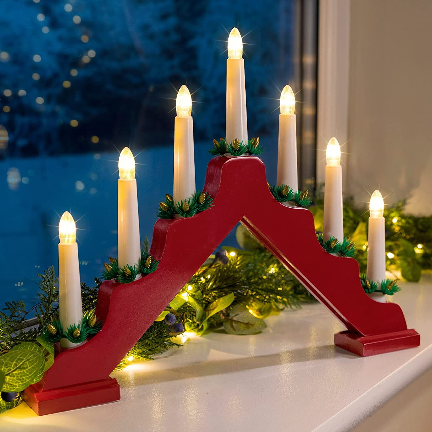 LED Christmas Candle Bridge, Wooden Bridge Candle LED Lights, Flameless