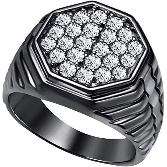 beryl_creation 14K Black Gold Plated 1.10 Ct Round Cut White Diamond Engagement Hip Hop Cluster Pinky Ring 925 Sterling Silver For Men's -7.5