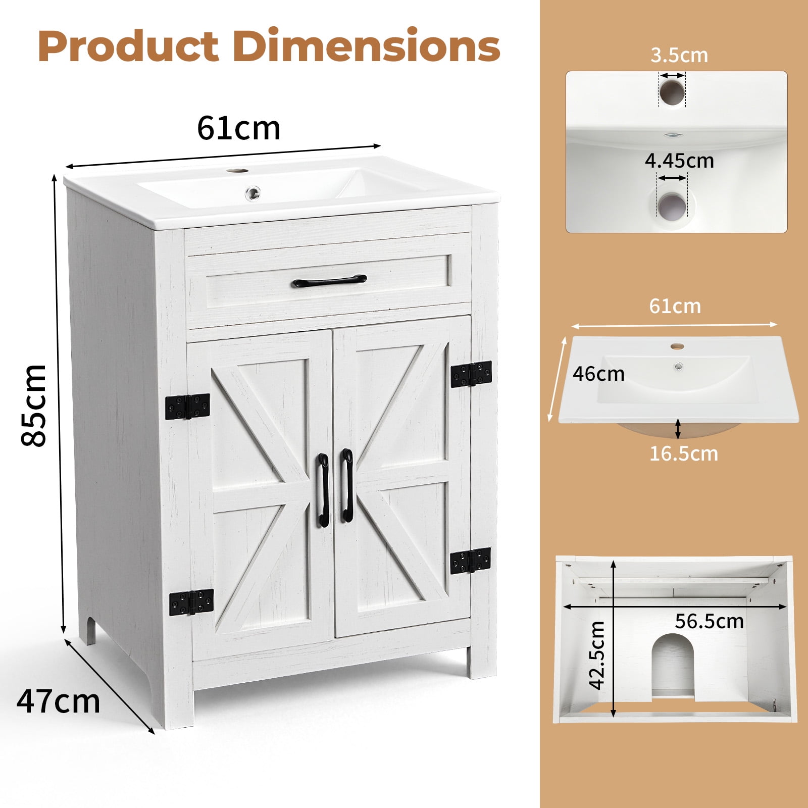 Ktaxon Farmhouse 24'' Bathroom Vanity Set with Sink Ceramic Top, Washed White (Split Two Packages for Delivery)