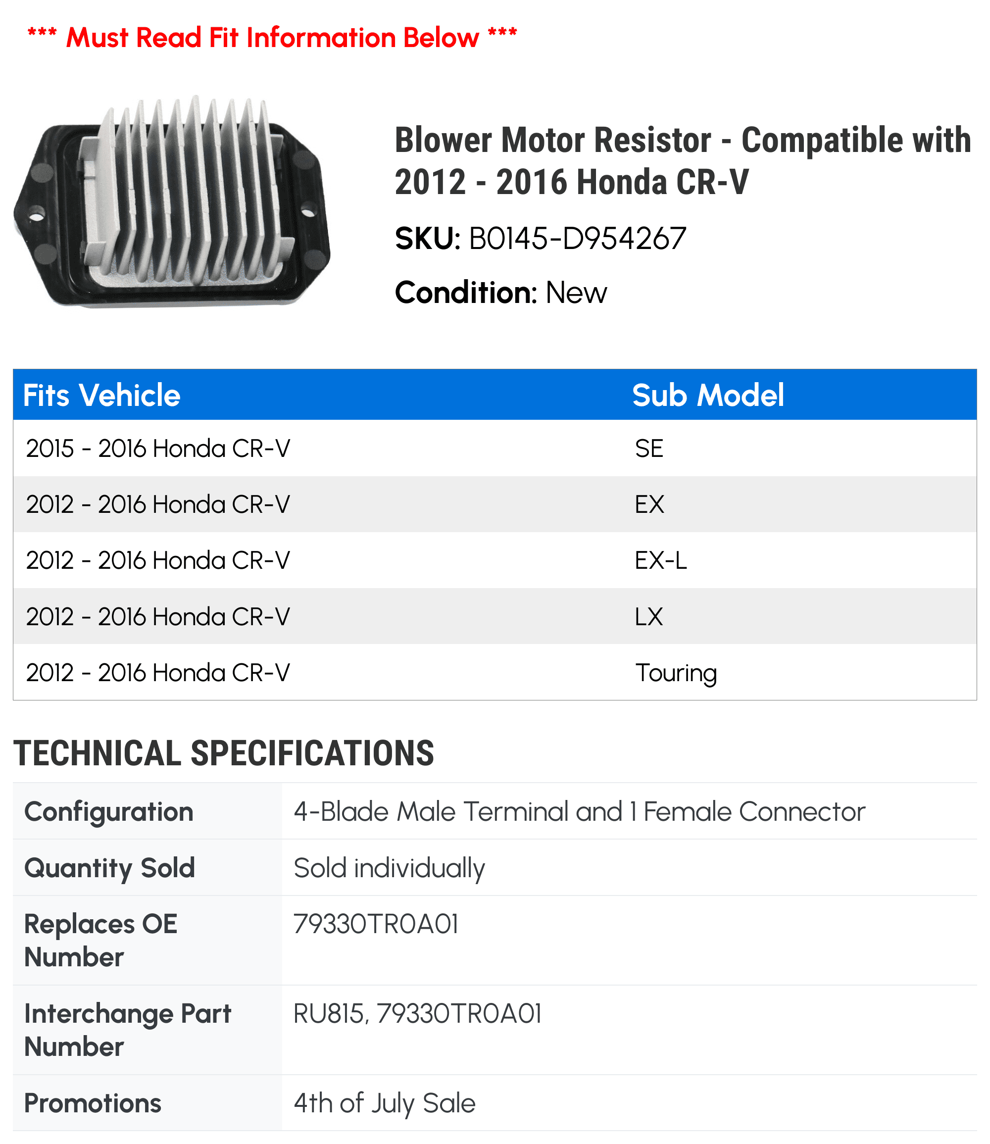 Blower Motor Resistor - Compatible with 2012 - 2016 Honda CR-V 2013 2014 2015