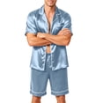 thumbnail image 2 of Premium Soft Satin Silk Set For Men Short Sleeve Button Front Top Loose Shorts Two Piece Loungewear With Pockets Light Blue 2XL, 2 of 6