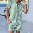 thumbnail image 2 of Summer Savings Clearance! Stamzod Men's Hawaiian Shirts And Shorts Set Stripe Colorblock Lounge Sets 2 Piece Button Up Short Sleeve Beach Vacation Outfit, 2 of 7