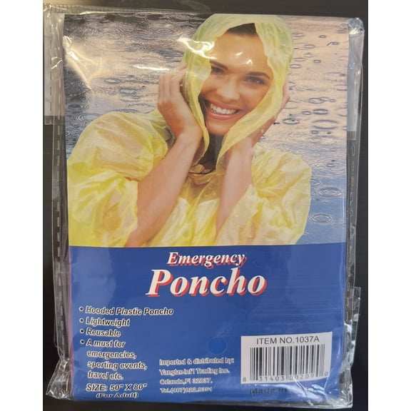 Emergency Adult Unisex Rain Poncho, size 50" x 80", one size fits all.