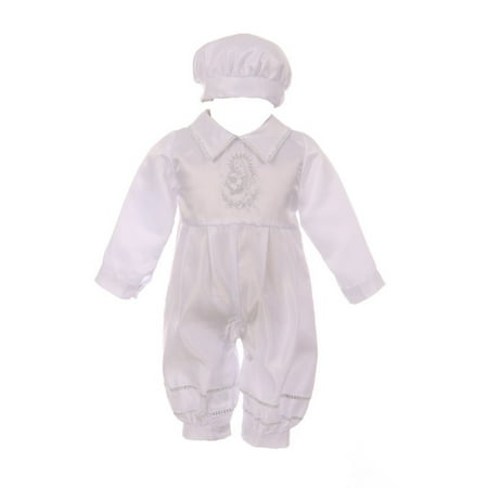 Baby Boys White Virgin Mary Pope Embroidery Romper Hat Baptism Outfit