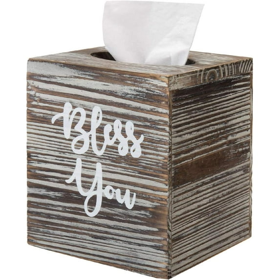 Rustic Torched Wood Square Tissue Box Cover Holder with Bless You Text Design and Easy Slide Out Bottom for Refills
