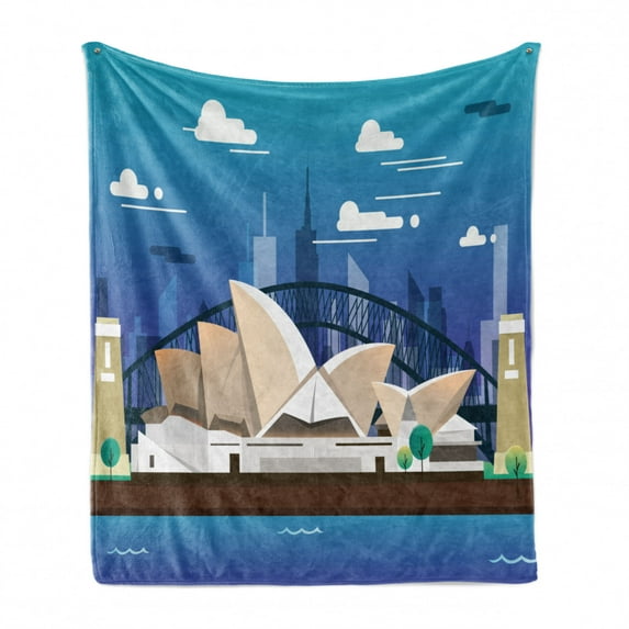 Aussie Soft Flannel Fleece Throw Blanket, Sidney Opera House and Bridge Cartoon Traveling Themed Illustration, Cozy Plush for Indoor and Outdoor Use, 60" x 80", Sea Blue and Multicolor, by Ambesonne