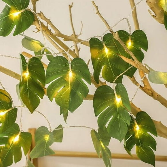 Qucyy UrbanMingle 20 LED Monstera Leaf String Lights, Tropical Artificial Rattan Palm Leaves Vine Leaf Wall Hanging Summer Decoration for Outdoor Indoor Ha