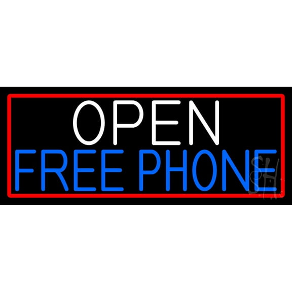 Open Free Phone With Red Border LED Neon Sign 13 x 32 - inches, Clear Edge Cut Acrylic Backing, with Dimmer - Bright and Premium built indoor LED Neon Sign for Computer & Electronics store decor.