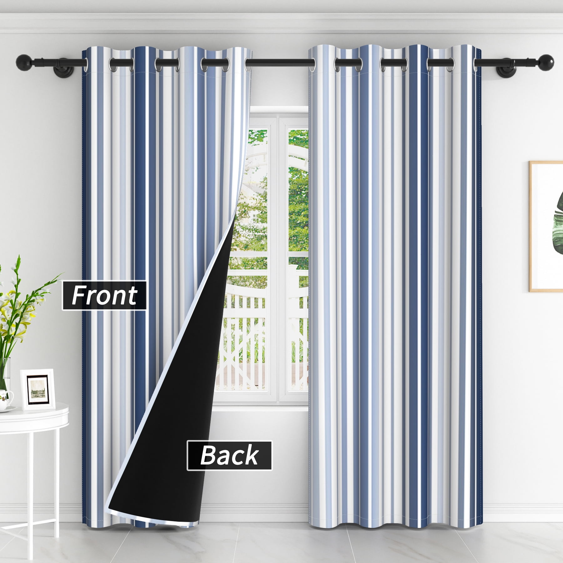 Lfeey Blackout Curtains 72 inches Long, Striped Printed Curtains for Bedroom, Insulated Lined, 42x72 inches, Navy and White, 2 Panels