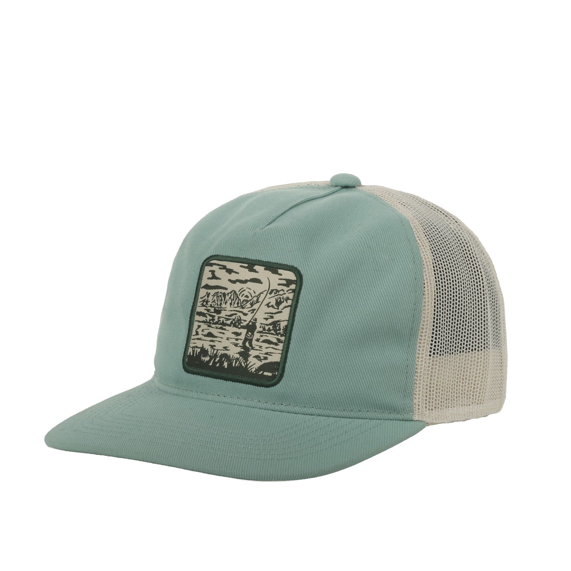 Outdoor Cap Fishing Landscape Mesh Cap – Unstructured Flat Bill Snapback, One Size, Green