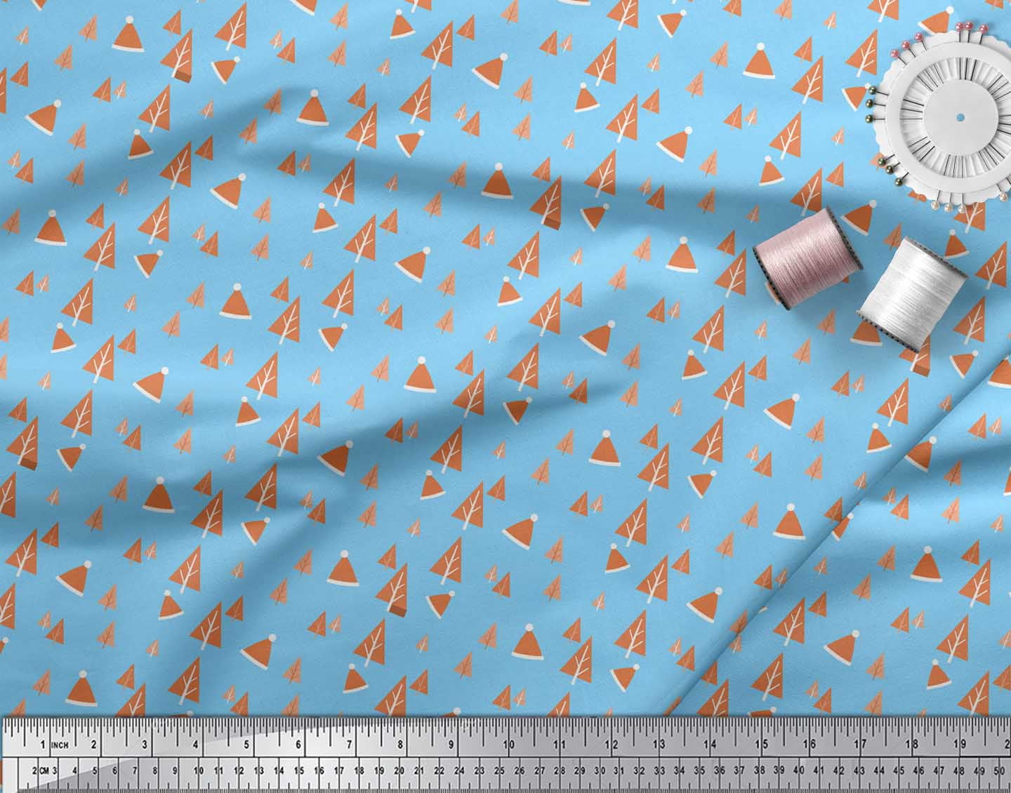 Soimoi Blue Velvet Fabric Santa Cap & Tree Christmas Printed Craft Fabric by the Yard 58 Inch Wide