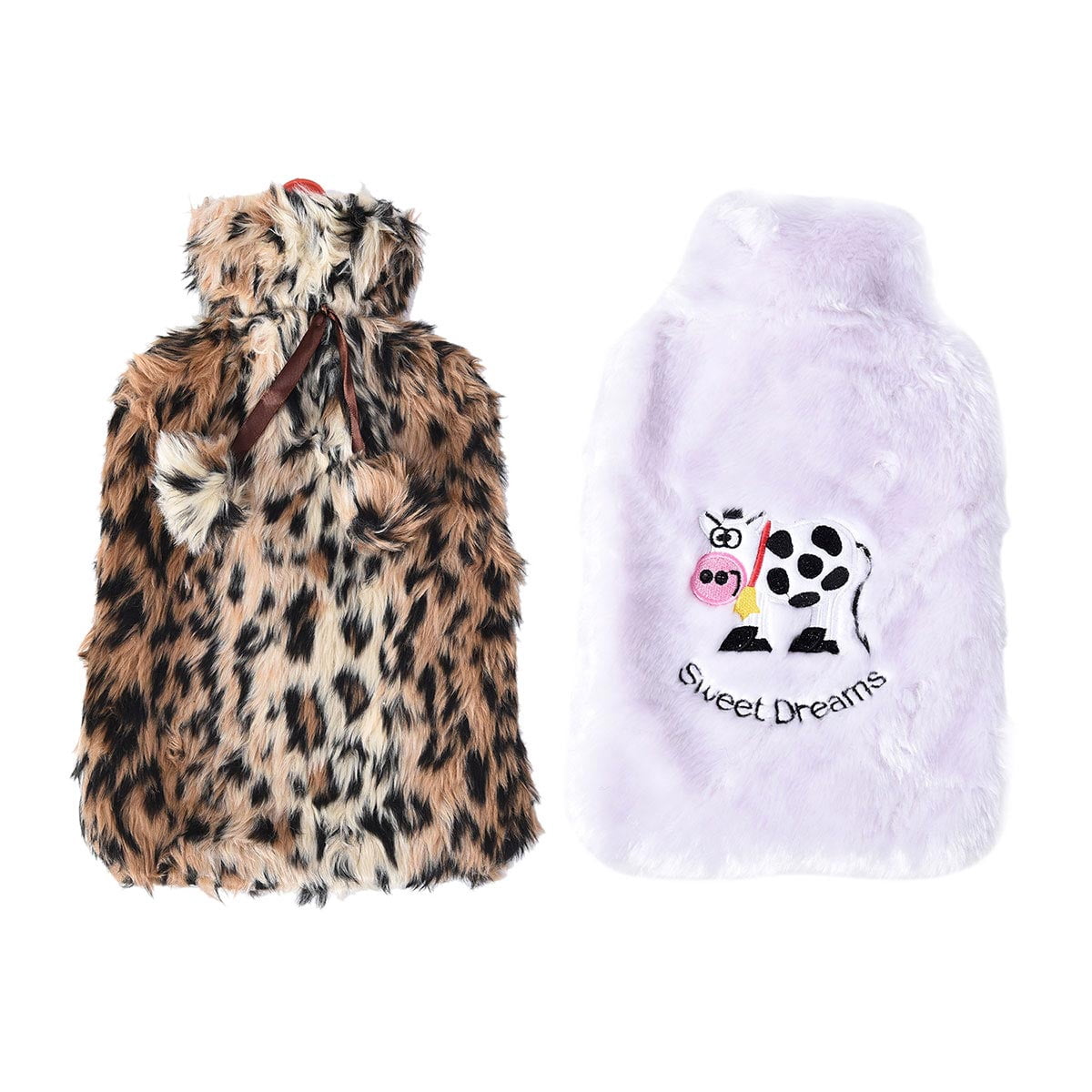 Set of 2 Lilac Leopard Print Rubber Hot Water Bottle with Faux Fur