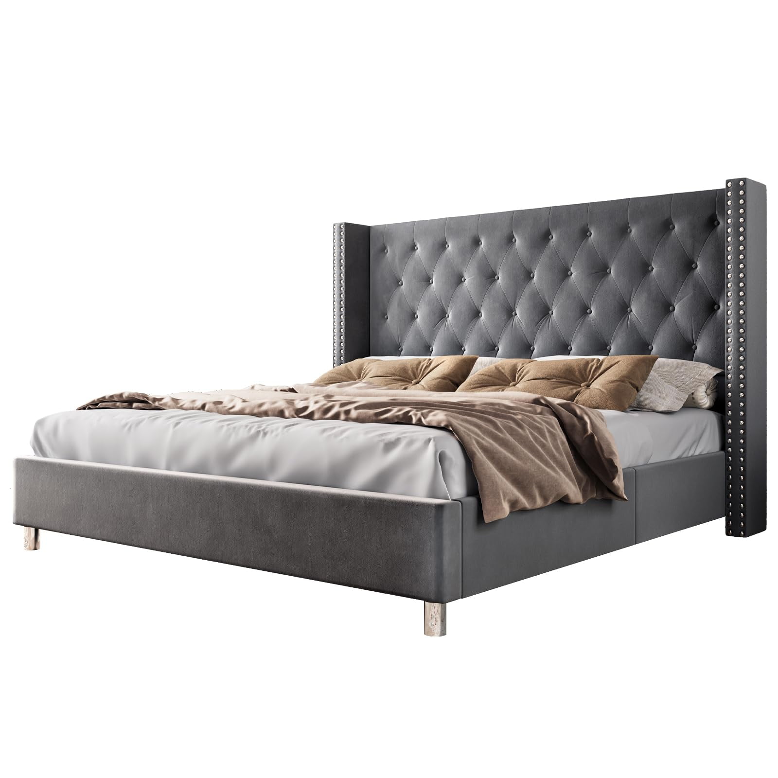 VanAcc Queen Size Velvet Low Profile Platform Beds Tufted Upholstered Platform Bed Frame Raised Wingback Headboard /No Box Spring Needed/Easy Assembly