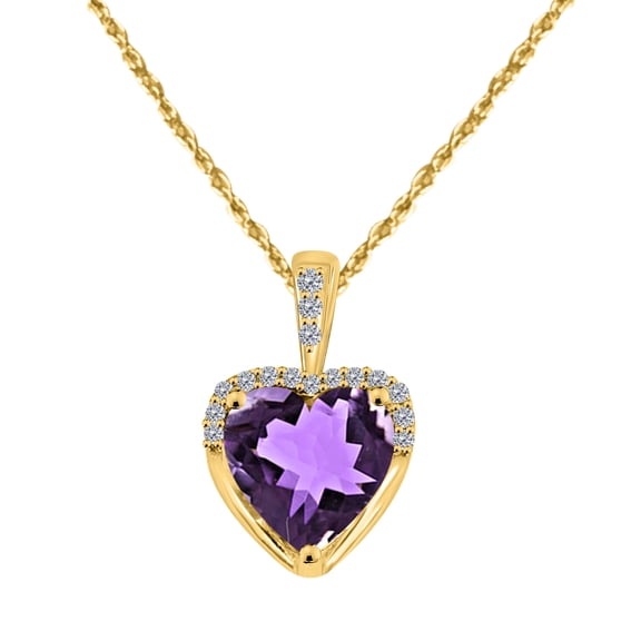 Mauli Jewels Engagement Necklace for Women 1.83 Carat Adorable Diamond And Heart Shape Amethyst Gemstone Pendant Prong-Setting 10K Yellow Gold With 18'' Box Chain|Silver Chain