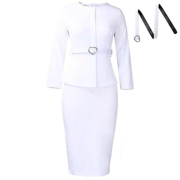AURA Plus Size Elegant Round Neck Pencil Midi Dress Nine Sleeve High Waist Office African Work Dress with Belt