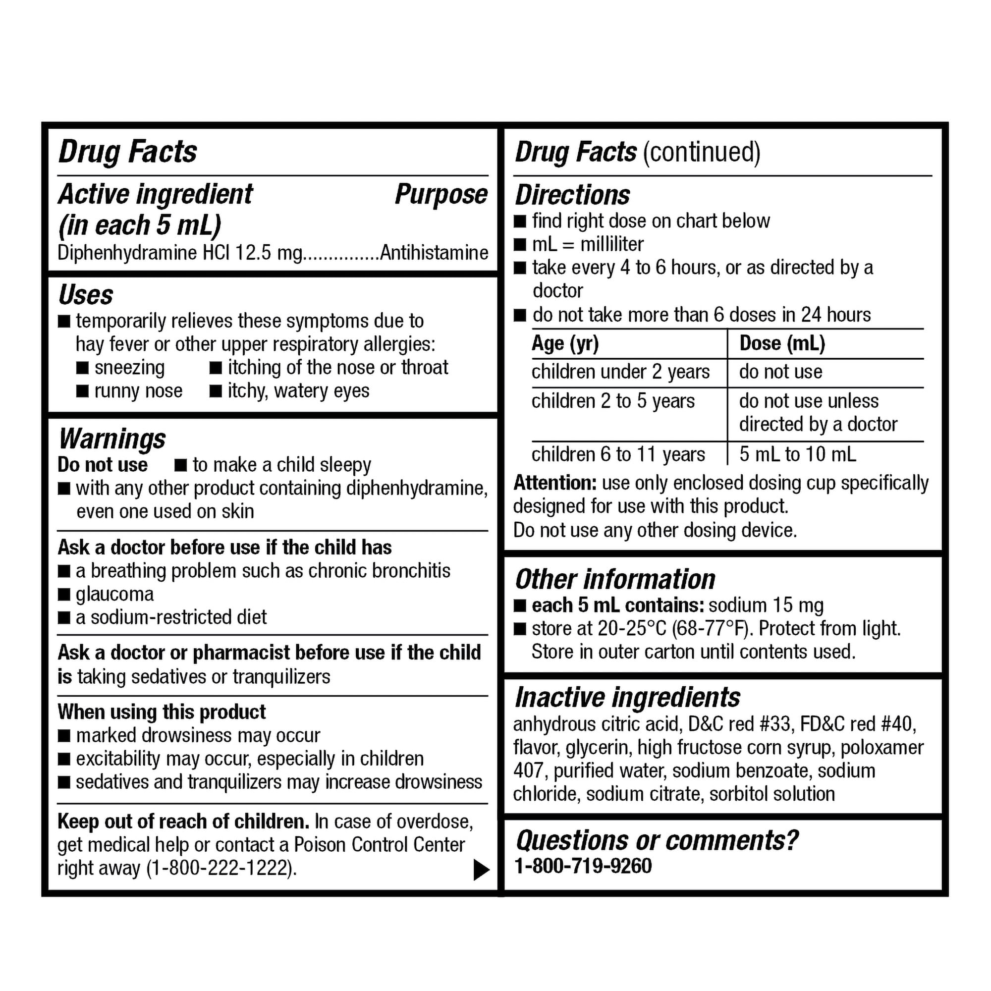 Equate Children's Allergy Relief Diphenhydramine HCl Antihistamine Oral Solution, Cherry Flavor, 12.5 mg, 4 fl oz