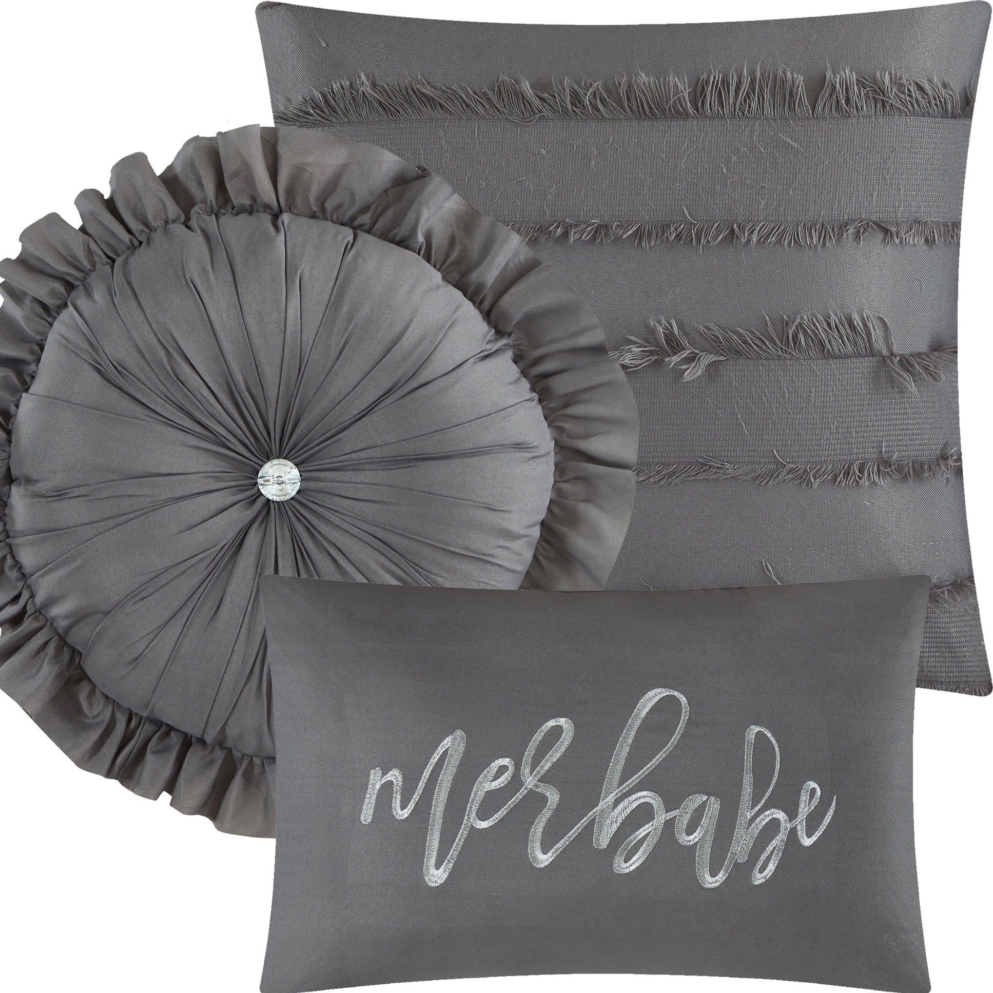 Lanco Merbabe Beach Lifestyle Solid 7-Piece Reversible Bedroom Bedding Comforter Set, Bed Size King, Grey, 100% Polyester Fill