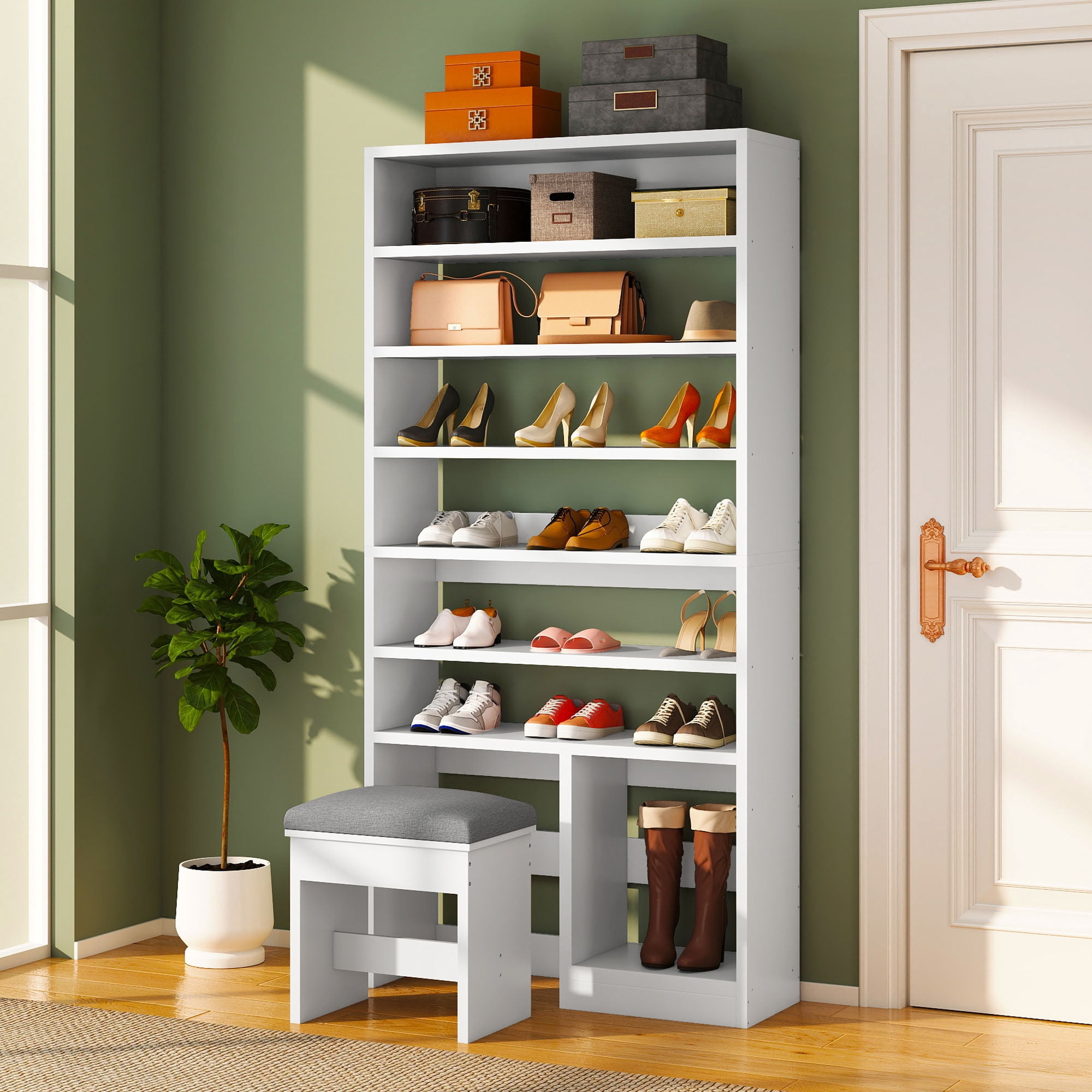 Uforic 8-Tier Entryway Shoe Storage Bench, Multi-Level Shoe Cabinet with Large Boot Storage, Ideal for Home and Living Room,White