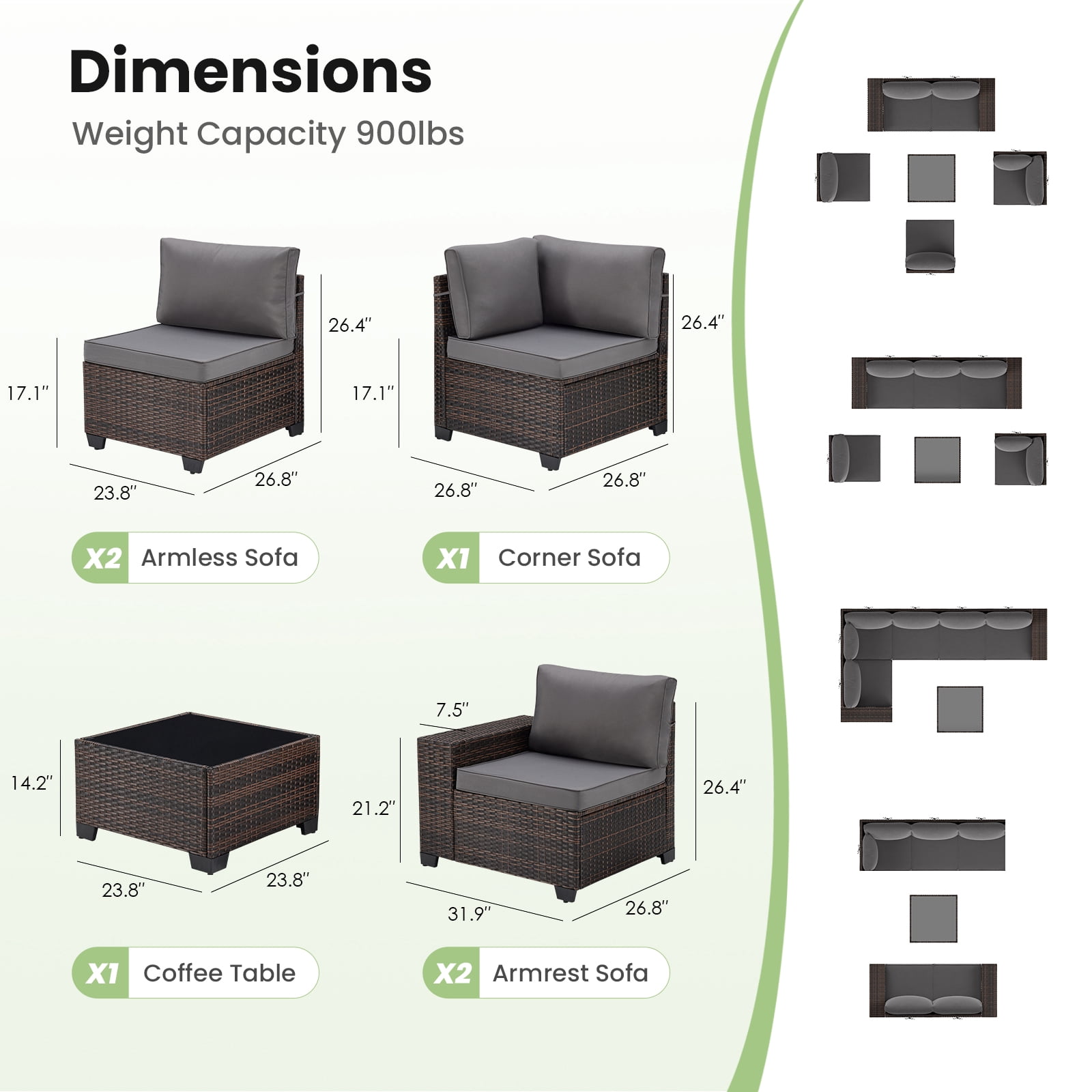 STARY 6 Pieces Outdoor Sectional Sofa with Wide Armrests, Patio Conversation Set, PE Rattan Furniture Set for Backyard, Grey