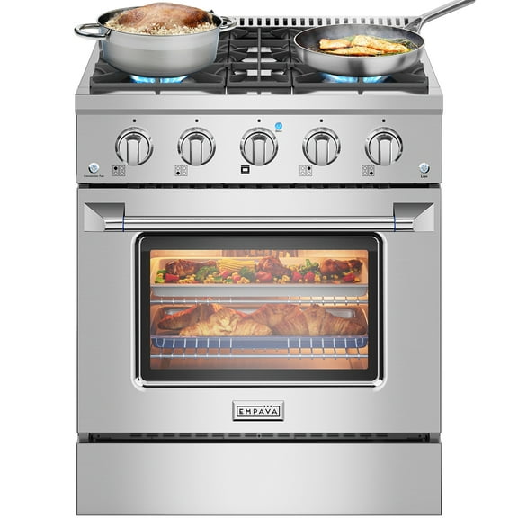 Empava 30 in. 4.2 cu. ft. Pro-Style Slide-In Single Oven Gas Range with 4 Sealed Ultra High-Low Burners - Heavy Duty Continuous Grates in Stainless Steel