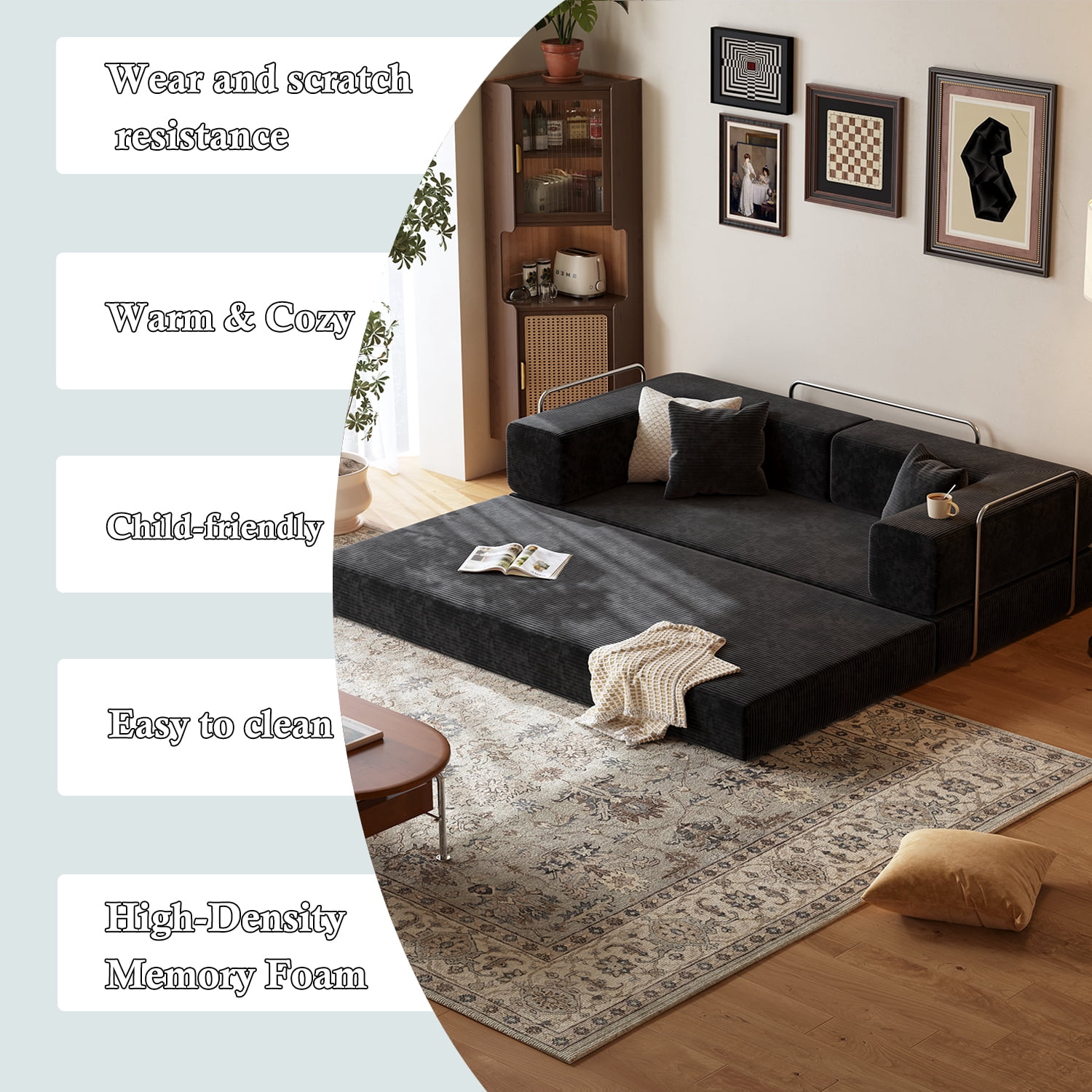 Lodeija 80.3" 5-in-1 Convertible Futon Sofa Bed, Black Corduroy Tatami Sleeper Couch for Small Spaces, 2 Pillows
