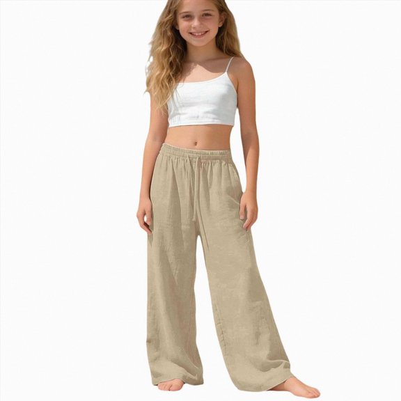 Girls Fall Winter Sweatpants 5t 6t 7t 8t 9t Kids Drawstring Elastic Waist Wide Leg Trousers With Pockets for Tween Girls Khaki,12-13 Years