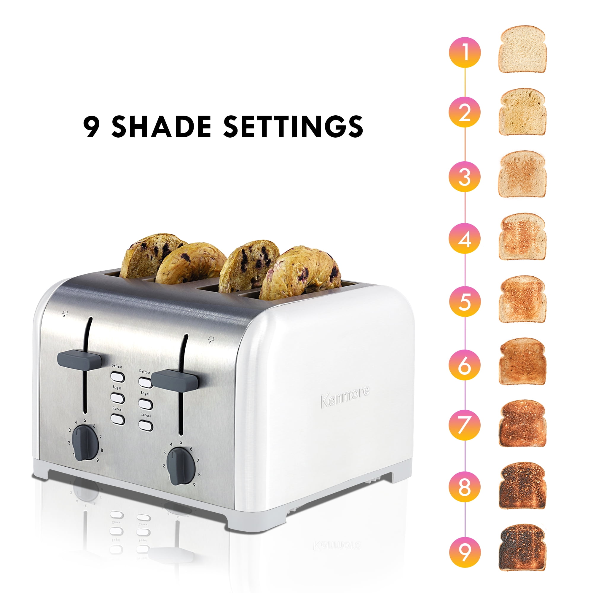 Kenmore 4-Slice White Stainless Steel Toaster, Dual Controls, Wide Slot