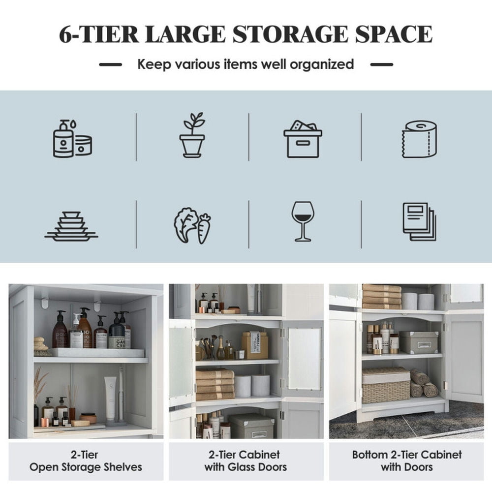 Finihen Bathroom Storage Cabinet, Bathroom Floor Cabinet, 6-Tier Freestanding Bathroom Cabinet with 2 Open Compartments and Adjustable Shelves, for Bathroom, Living Room, Bedroom, Kitchen, White Finihen Bathroom Storage Cabinet, Bathroom Floor Cabinet, 6-Tier Freestanding Bathroom Cabinet with 2 Open Compartments and Adjustable Shelves, for Bathroom, Living Room, Bedroom, Kitchen, White