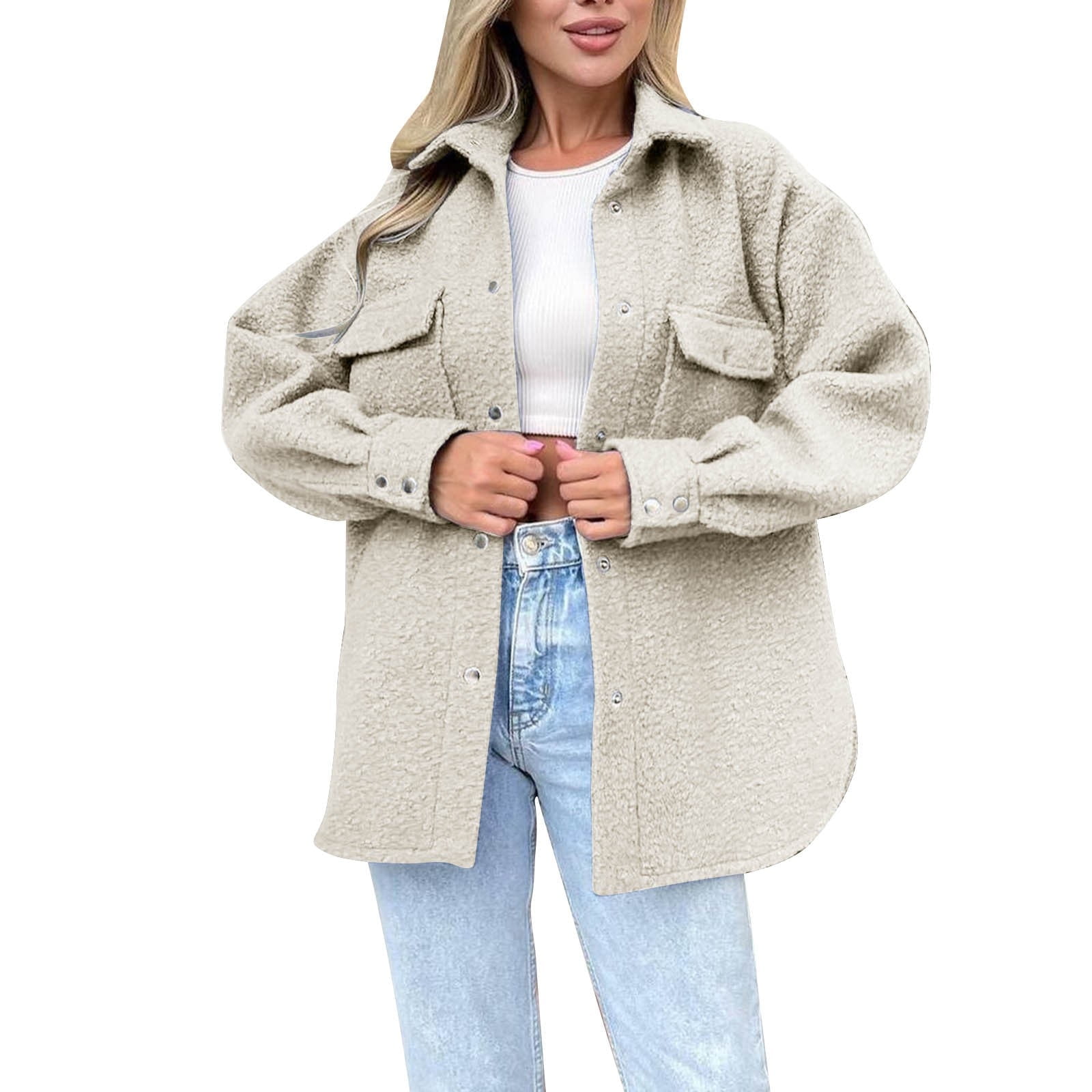 WEIYLL Jackets for Women Shirt Oversized Button Down Long Shacket Pockets Beige Going Out Fall Tops Size XL