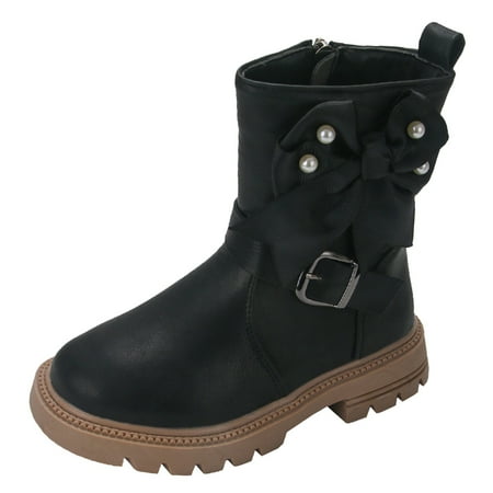 

Toddler Girl Boots Children Thick Heeled Thick Soled Girls Mid Length Boots Fashionable Pearl Bow Children Short Boots Girls Boots Size:5.5-6 Years