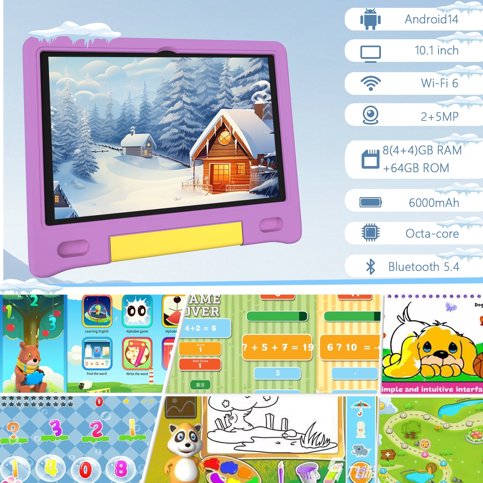 Kids Tablet with Strap, Android 14 Tablet for Kids 10 inch , Toddler Tablet Octa-Core 64GB 1TB Expandable, Children's Tablet with Case, Bluetooth WiFi Parental Control Dual Camera, 12-hr battery