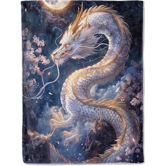 Cool White Dragon Flannel Blanket - Mystical Moon and Cherry Blossom Throw, Gifts for Women & Animal Lovers, Ultra Soft & Warm, Lightweight, for Couch Bedroom Living Room Boho Decor