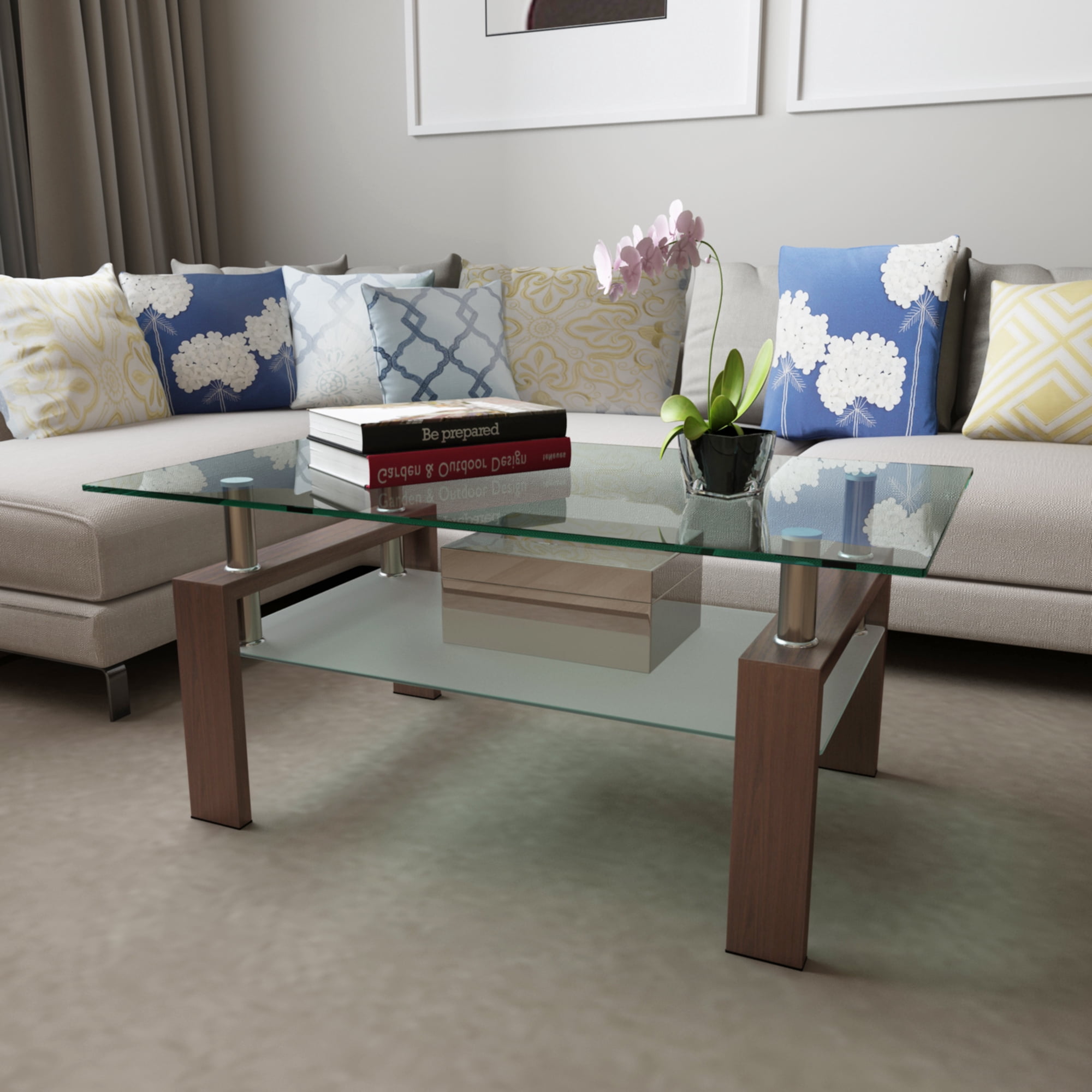 Alvantor Glass Coffee Table, 38.6" Modern Rectangle Side Center Tables with Clear Tempered Glass Top for Living Room Walnut