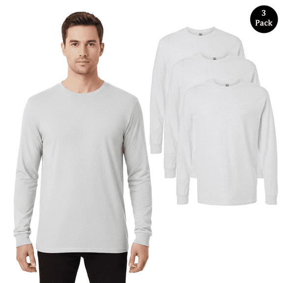 Gildan Men Heavy Cotton Long Sleeve T-Shirt, Crew Neck Classic Fit Comfort Tee, Ash Color 3-Pack S