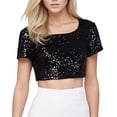thumbnail image 2 of QHWAUAKFBN T Shirts For Women Trendy O-Neck Solid Sequins Short Sleeve Short Navel Blouse Tee Tshirts Top, 2 of 6