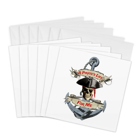 3dRose, A Pirates Life For Me with Jolly Roger pirate skull and ship anchor, 6 Greeting Cards with envelopes