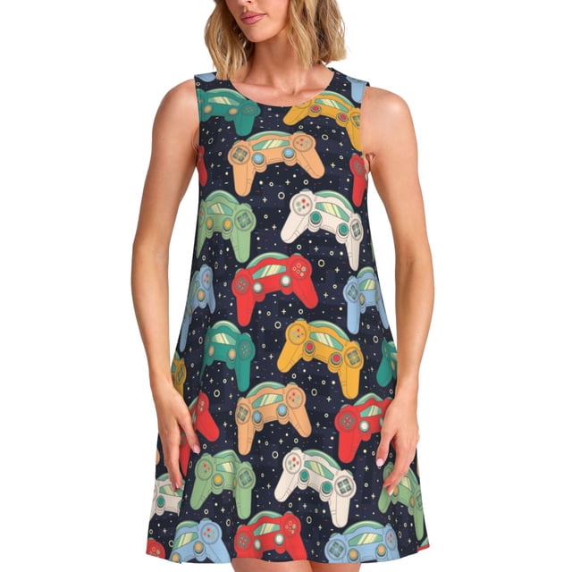 Cauagu Robe Rétro de Jeu Vidéo pour Femmes, Robes d'Été Sans Manches, Robe Décontractée de Vacances à Col Rond avec 2 Poches