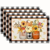 4pcs, Linen Fall Sunflower and Pumpkin Linen Placemats Set of 4 12x18 inch Buffalo Check Plaid Autumn Flower Leaves Place Mat Heat-Resistant Washable Wipeable Table Mat for Party Kitchen