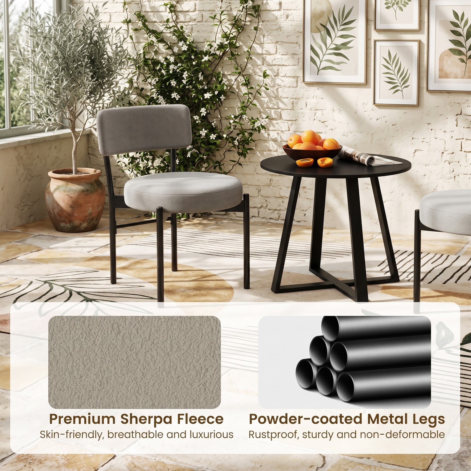 Furnibear Dining Chair Set of 2, Upholstered Sherpa Fabric Kitchen Chairs with Curved Backrest, Padded Seat and Metal Legs for Dining Room, Cafe, Restaurant, Gray