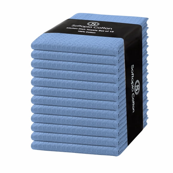 Softopia Cotton Sky Blue Kitchen Dish Towels Set of 12-100% Cotton Waffle Weave, Super Absorbent, Soft, Quick Drying, 16x26 Inches, Ideal for Cleaning, Bar, Tea, and Everyday Use, Light Blue