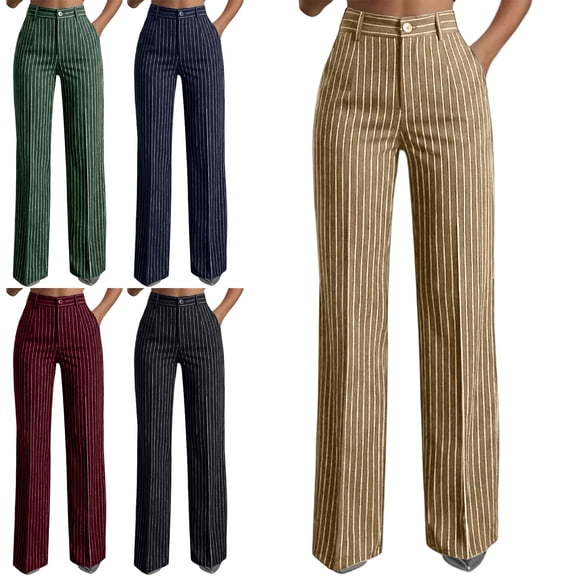 Danhjin Women's Work Dress Pants Striped Business Casual Pants Office Formal High Waist Drapy Slacks Wide Leg Trousers with Pockets