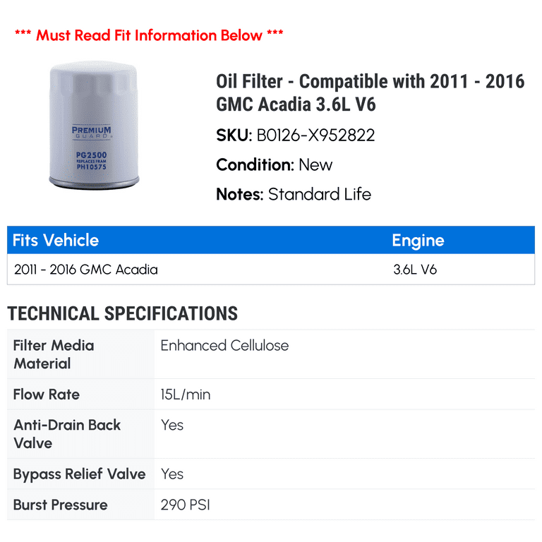 Oil Filter - Compatible with 2011 - 2016 GMC Acadia 3.6L V6 2012 