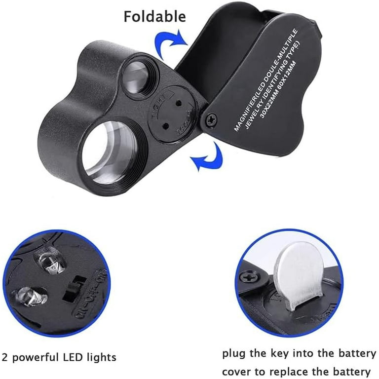  2PCS SUNJOYCO Lighted Jewelers Magnifying Glass, 30X 60X  Jewelers Loupe, 40X Metal Jewelry Loop Magnifier, Foldable Gem Loop,  Illuminated Eye Loupe Magnifier for Coin Gem Stamp Watch Rock Diamond :  Arts