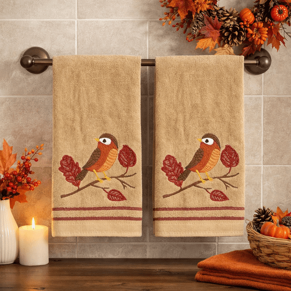 Serafina Home Embroidered Fall Bird Hand Bathroom Towel Set, 100% Cotton, 16 x 26" inches, Set of 2 Seasonal Bath Decor