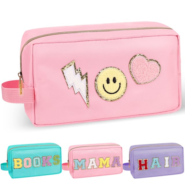 Izuzta Chenille Letter Makeup Bag,Nylon Preppy Patch Zipper Pouch Purse with Handle,Waterproof