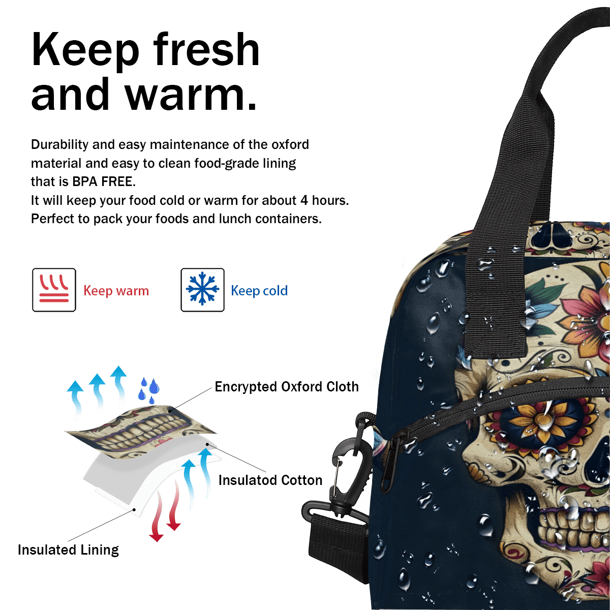 Herdesigns Day Of The Dead Skull With Floral Insulated Lunch Bag for Women Men Adults Large Reusable Lunch Box Leakproof Portable Cooler Tote Bags with Adjustable Shoulder Strap