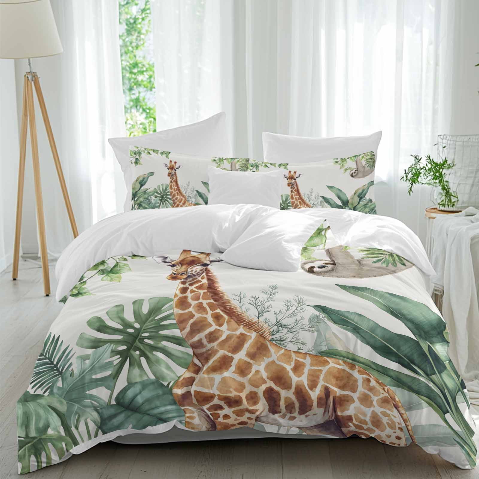 Tropical Giraffe Sloth Bedding 3 Piece Duvet Cover Set Queen Size, Watercolor Summer Palm Leaf Soft Microfiber Comforter Cover with Zipper Closure & Pillowcases, Wrinkle & FadeResistant Quilt Cover