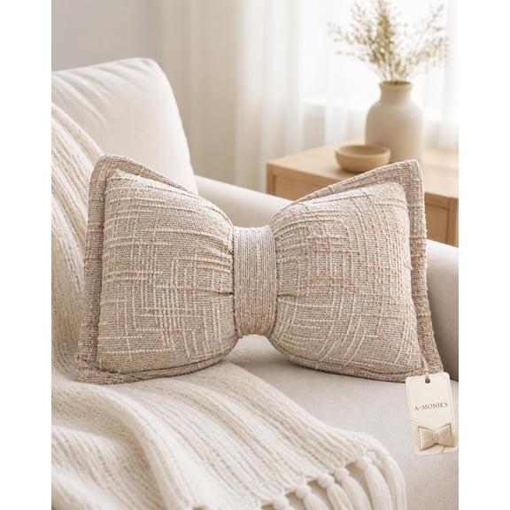 Soft Chenille Bow Shaped Throw Pillow Girls Decorative Bedroom Decor, Plush Textured Fabric Adds Cozy Comfort For Sofa Couch Dorm Apartment Gift Accent Home Styling.