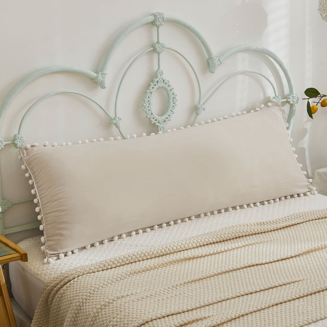Move Over Beige Grey Body Pillowcases 20 x54 in, Boho Pillow Cover, Washed Microfiber White Pom Fringe Pattern