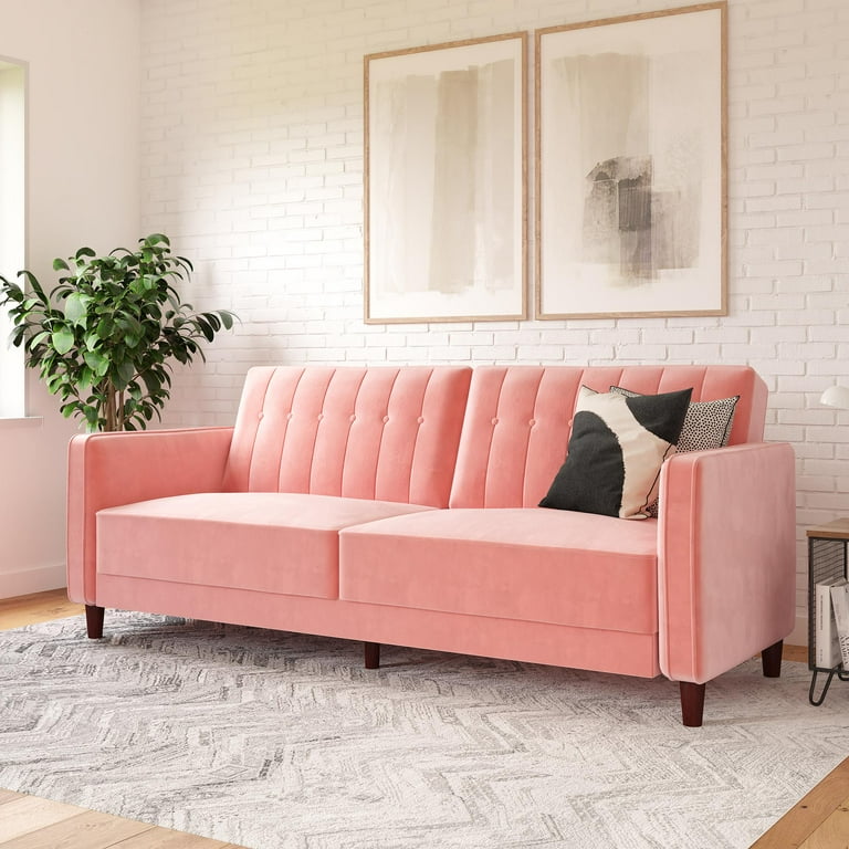 DHP Vintage Pin Tufted Transitional Futon with Wooden Arms Pink Velvet Walmart
